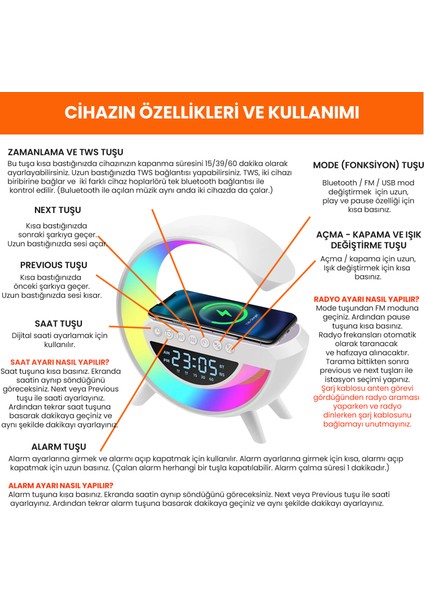 Kablosuz Şarjlı Rgb Işıklı Dijital Saatli Fm Radyo Bluetooth Hoparlör