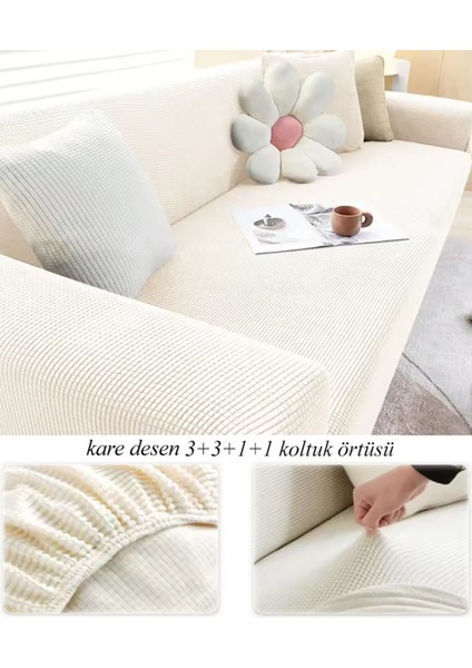 Streç Lastikli Esnek Yikanabilir Kare Desen Berjer Kotuk Örtüsü Takımı 3+3+1+1