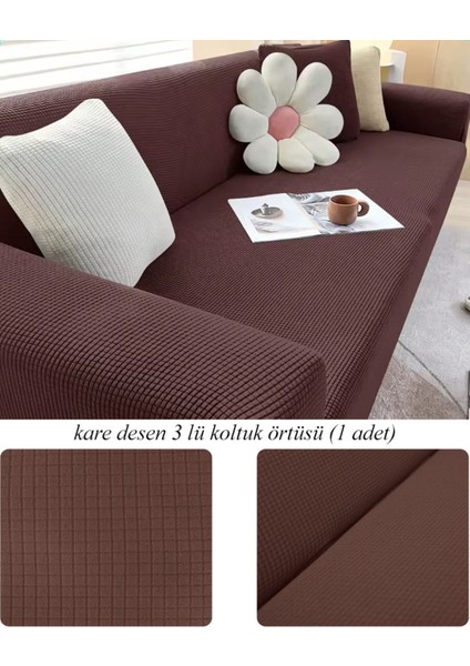Streç Lastikli Esnek Yikanabilir Kare Desen Berjer 3 Kişilik Koltuk Örtüsü Koltuk Kılıfı (Bir Adet)