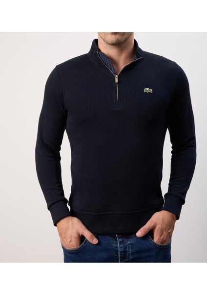 Fermuar Yaka Dar Kesim Lacivert Garnili Erkek Trıko