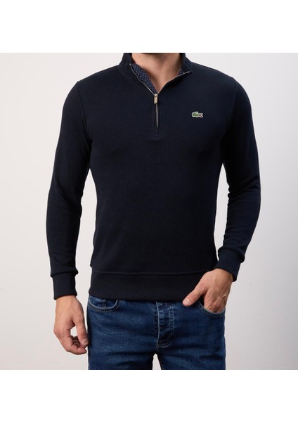 Fermuar Yaka Dar Kesim Lacivert Garnili Erkek Trıko modelleri