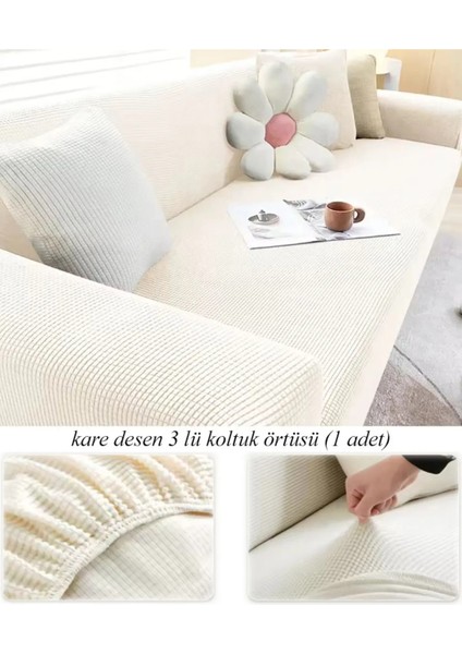 Streç Lastikli Esnek Yikanabilir Kare Desen Berjer 3 Kişilik Koltuk Örtüsü Koltuk Kılıfı (Bir Adet)