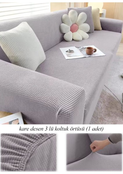 Streç Lastikli Esnek Yikanabilir Kare Desen Berjer 3 Kişilik Koltuk Örtüsü Koltuk Kılıfı (Bir Adet)