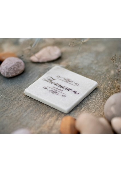 Silva - 6'lı Set Kişiselleştirilen Beyaz Mermer Bardak Altlığı - 10CM - Mesajla Isim Tarih Belirtin -Hediyelik Isimli Bardak Altlığı