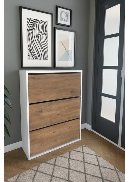 3 Bölmeli Ayakkabılık - Çam ve Beyaz