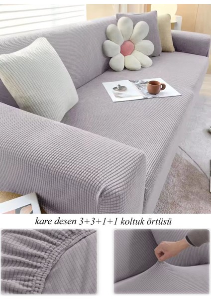 Streç Lastikli Esnek Yikanabilir Kare Desen Berjer Kotuk Örtüsü Takımı 3+3+1+1