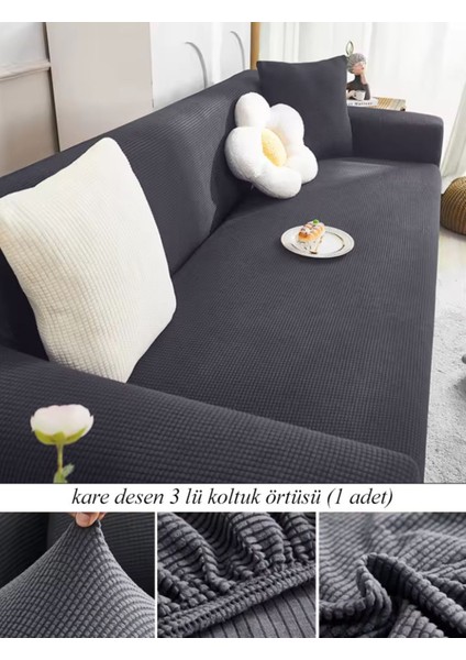 Streç Lastikli Esnek Yikanabilir Kare Desen Berjer 3 Kişilik Koltuk Örtüsü Koltuk Kılıfı (Bir Adet)