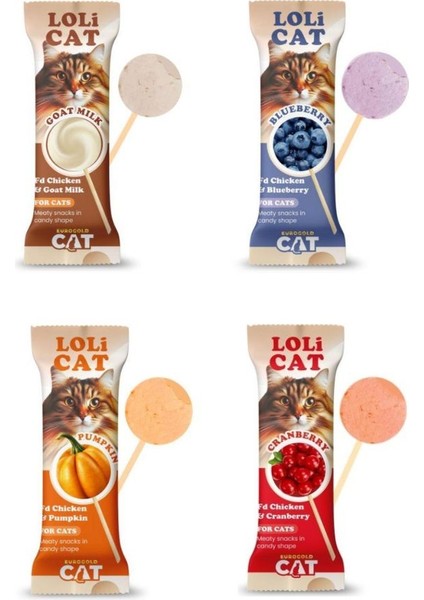 Lolicat Kedi Ödül Lolipop, Tavuklu ve Keçi Sütlü, Balkabak, Kızılcık ve Yaban Mersinli 4 Adet Karışık