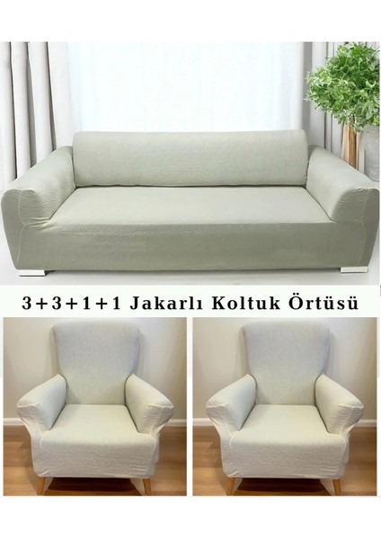 Jakarlı Çubuk Desen Koltuk Örtüsü 3+3+1+1 Takımı Lastikli Esnek Yıkanabilir Çekyat Kanepe Kılıfı