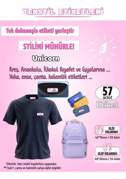 Unicorn Kreş Anaokulu Ilkokul Kıyafet Eşya Yaka Ense Isim Etiketi 57 Adet