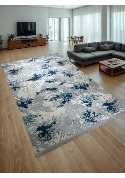 Mavi Gri Saçaklı Kaymaz Taban Yıkanabilir Kesme Yolluk Halı fiyatları