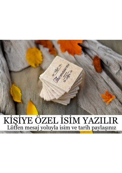 Silva - 6'lı Set Kişiselleştirilen Bej Traverten Mermer Bardak Altlığı - 10CM - Mesajla Isim Tarih Belirtin -Hediyelik Isimli Bardak Altlığı