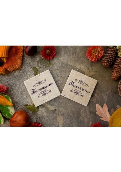 Silva - 6'lı Set Kişiselleştirilen Bej Traverten Mermer Bardak Altlığı - 10CM - Mesajla Isim Tarih Belirtin -Hediyelik Isimli Bardak Altlığı indirimleri