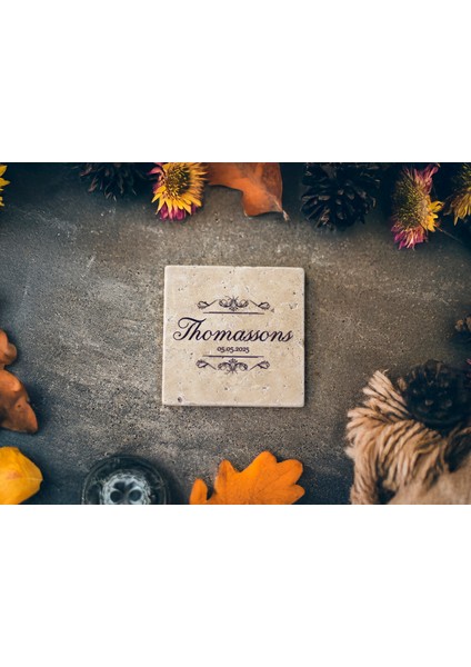 Silva - 6'lı Set Kişiselleştirilen Bej Traverten Mermer Bardak Altlığı - 10CM - Mesajla Isim Tarih Belirtin -Hediyelik Isimli Bardak Altlığı