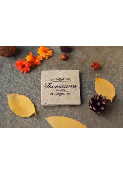 Silva - 6'lı Set Kişiselleştirilen Bej Traverten Mermer Bardak Altlığı - 10CM - Mesajla Isim Tarih Belirtin -Hediyelik Isimli Bardak Altlığı