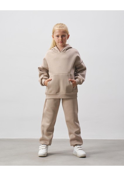 Kız Çocuk Pamuklu Bej Kapüşonlu Sweatshirt Eşofman Alt-Üst Takım - Rahat Günlük Giyim