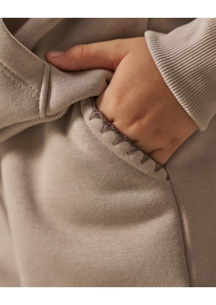 Kız Çocuk Pamuklu Bej Kapüşonlu Sweatshirt Eşofman Alt-Üst Takım - Rahat Günlük Giyim modelleri