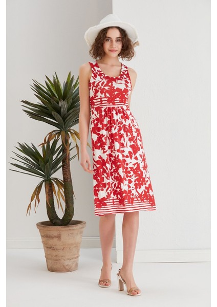 Kadın Kırmızı Çiçekli Cepli Spor Şık Kolsuz Viskon Curve Büyük Beden Günlük Elbise