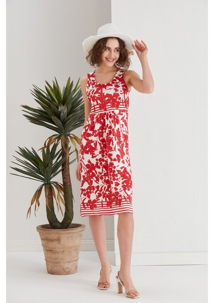 Kadın Kırmızı Çiçekli Cepli Spor Şık Kolsuz Viskon Curve Büyük Beden Günlük Elbise fiyatları