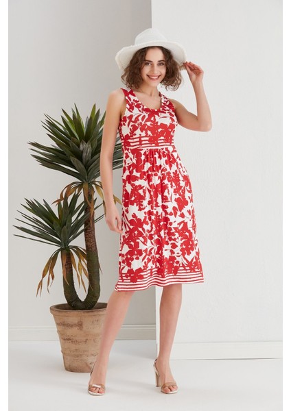 Kadın Kırmızı Çiçekli Cepli Spor Şık Kolsuz Viskon Curve Büyük Beden Günlük Elbise modelleri