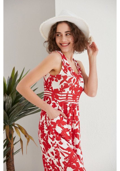 Kadın Kırmızı Çiçekli Cepli Spor Şık Kolsuz Viskon Curve Büyük Beden Günlük Elbise fırsatları