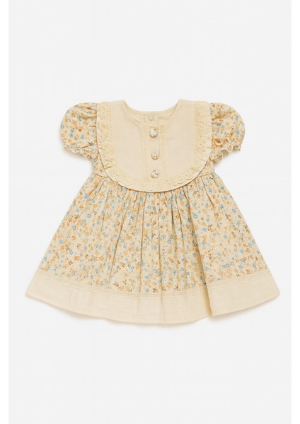 Müslin Kumaş, Düğme - Güpür Detaylı Elbise Krem