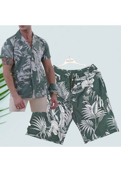 Yeşil Hawaii Rahat Kesim Kısa Kollu Salaş Apaş Yaka Yazlık Gömlek Şort Takım