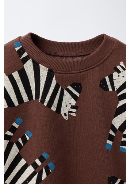 Erkek Çocuk Pamuklu Kahverengi Zebra Desenli Sweatshirt ve Eşofman Altı Takım – Günlük Rahat Kombin indirimleri