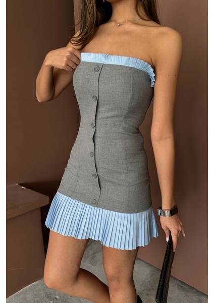 Straplez Polviskon Elbise Mavi Fırfır Detaylı - Gri fiyatları