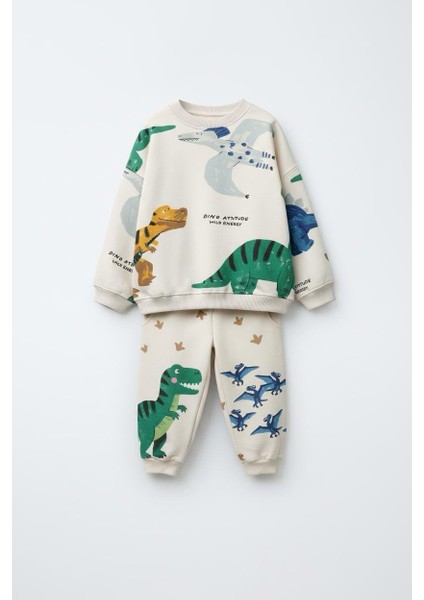 Erkek Çocuk Pamuklu Ekru Dinazor Desenli Sweatshirt ve Eşofman Altı Takım – Günlük Rahat Kombin fiyatları