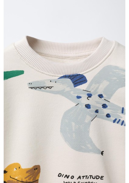 Erkek Çocuk Pamuklu Ekru Dinazor Desenli Sweatshirt ve Eşofman Altı Takım – Günlük Rahat Kombin indirimleri