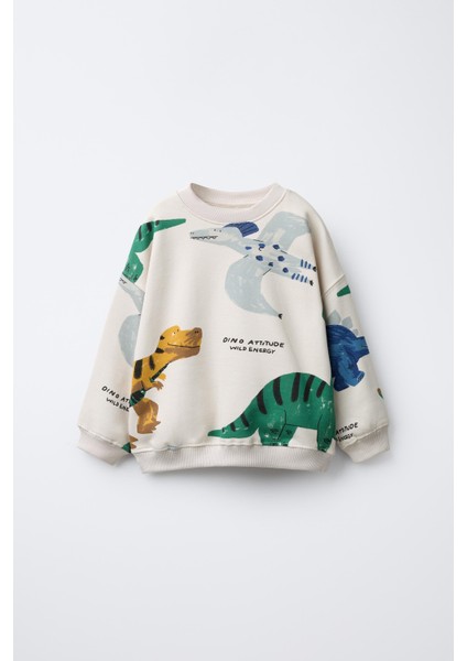 Erkek Çocuk Pamuklu Ekru Dinazor Desenli Sweatshirt ve Eşofman Altı Takım – Günlük Rahat Kombin fırsatları