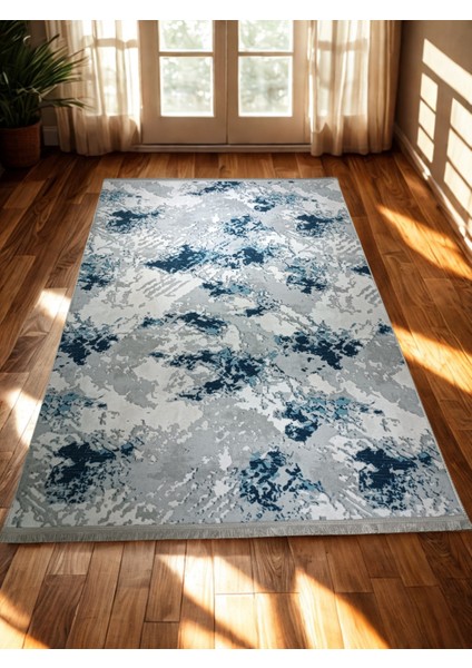 Mavi Gri Saçaklı Kaymaz Taban Yıkanabilir Kesme Yolluk Halı