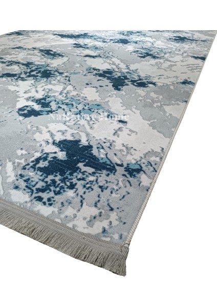 Mavi Gri Saçaklı Kaymaz Taban Yıkanabilir Kesme Yolluk Halı