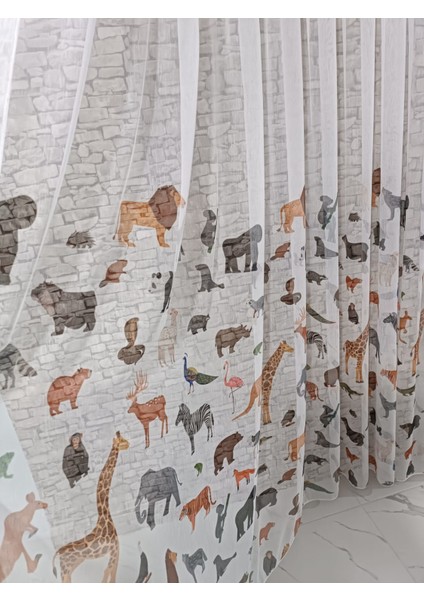 Çocuk Odası Tül Perde Hayvan Desenli 1/3 Sık Pileli Yumuşak Kumaş Dokunuslu