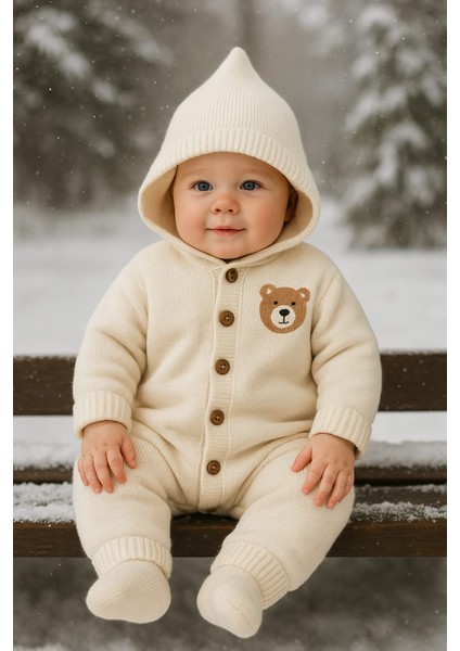 Unisex Kız Erkek Kapüşonlu Sevimli Ayı Detaylı Triko Örme Içi Welsoft Kışlık Tulum