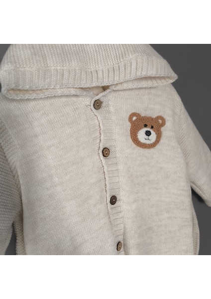 Unisex Kız Erkek Kapüşonlu Sevimli Ayı Detaylı Triko Örme Içi Welsoft Kışlık Tulum