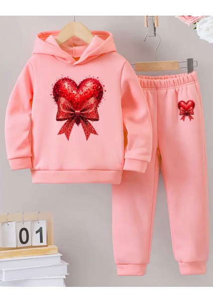 Kıds Özel Tasarım Kapüşonlu Kalbin Kurdelesi Baskılı Kız Çocuk Kışlık Eşofman Takımı