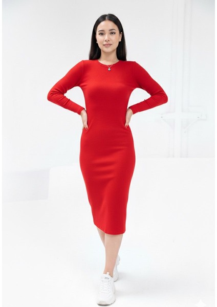 Bisiklet Yaka Kaşkorse Elbise Dokuma Tip Uzun Kol