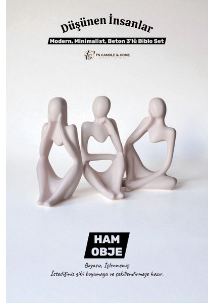 Üçlü Beton Düşünen İnsanlar Seti - Dekoratif Soyut Biblo, Heykel, Obje