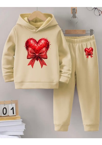 Kıds Face Özel Tasarım Kapüşonlu Kalbin Kurdelesi Baskılı Kız Çocuk Kışlık Eşofman Takımı