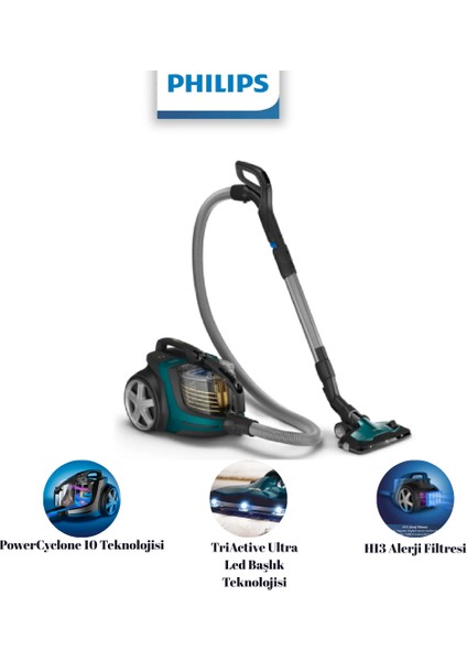 XB9185 Triactive Ultra LED Başlık ve Powercyclone 10 Teknolojisi ile Premium Toz Torbasız Elektrikli Süpürge, Nanoclean Teknolojisi, Powermax Sensörü, Koyu Opal Yeşili