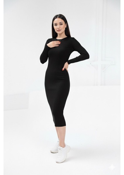 Bisiklet Yaka Kaşkorse Elbise Dokuma Tip Uzun Kol