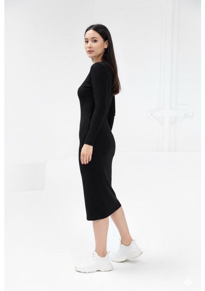 Bisiklet Yaka Kaşkorse Elbise Dokuma Tip Uzun Kol Siyah modelleri