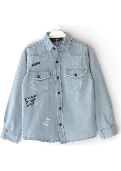 Cepli Destroy Detaylı Baskılı Erkek Çocuk Denim Gömlek Erkek Çocuk Kot Gömlek 001-0002097