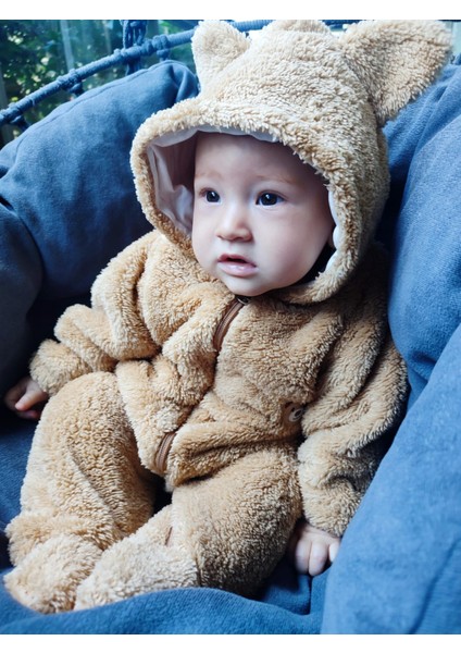 Şapkası Astarlı, Patikli Peluş Bebek Tulum