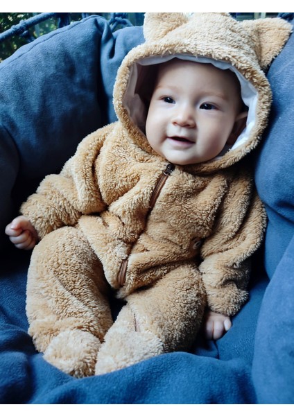 Şapkası Astarlı, Patikli Peluş Bebek Tulum