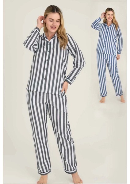 Freshness 4007 Kadın Uzun Kol Çizgili Gaffuriye Pijama Takımı - Mavi - L modelleri