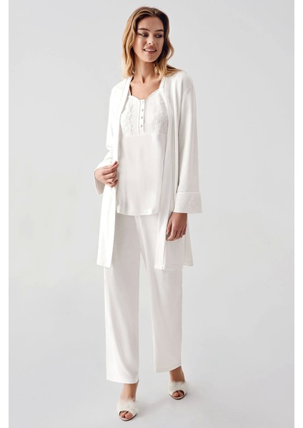 Freshness 321 Kadın Sabahlıklı Pijama Takımı - Ekru - Xl
