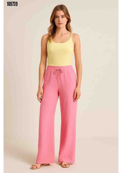 Kadın Beli Lastikli Bol Paça Pantolon, Kırmızı Gül Figürlü Kolye Hediye